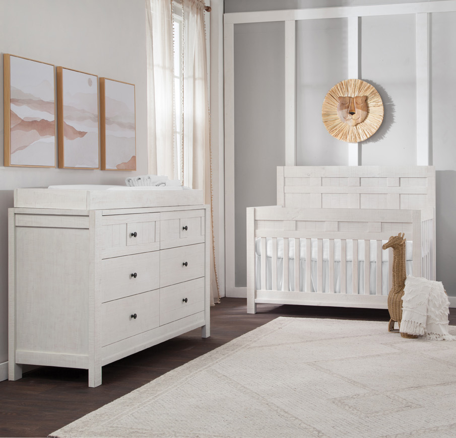 Designs by Briere Anzio Crib, Dresser, Changer Top White Wash