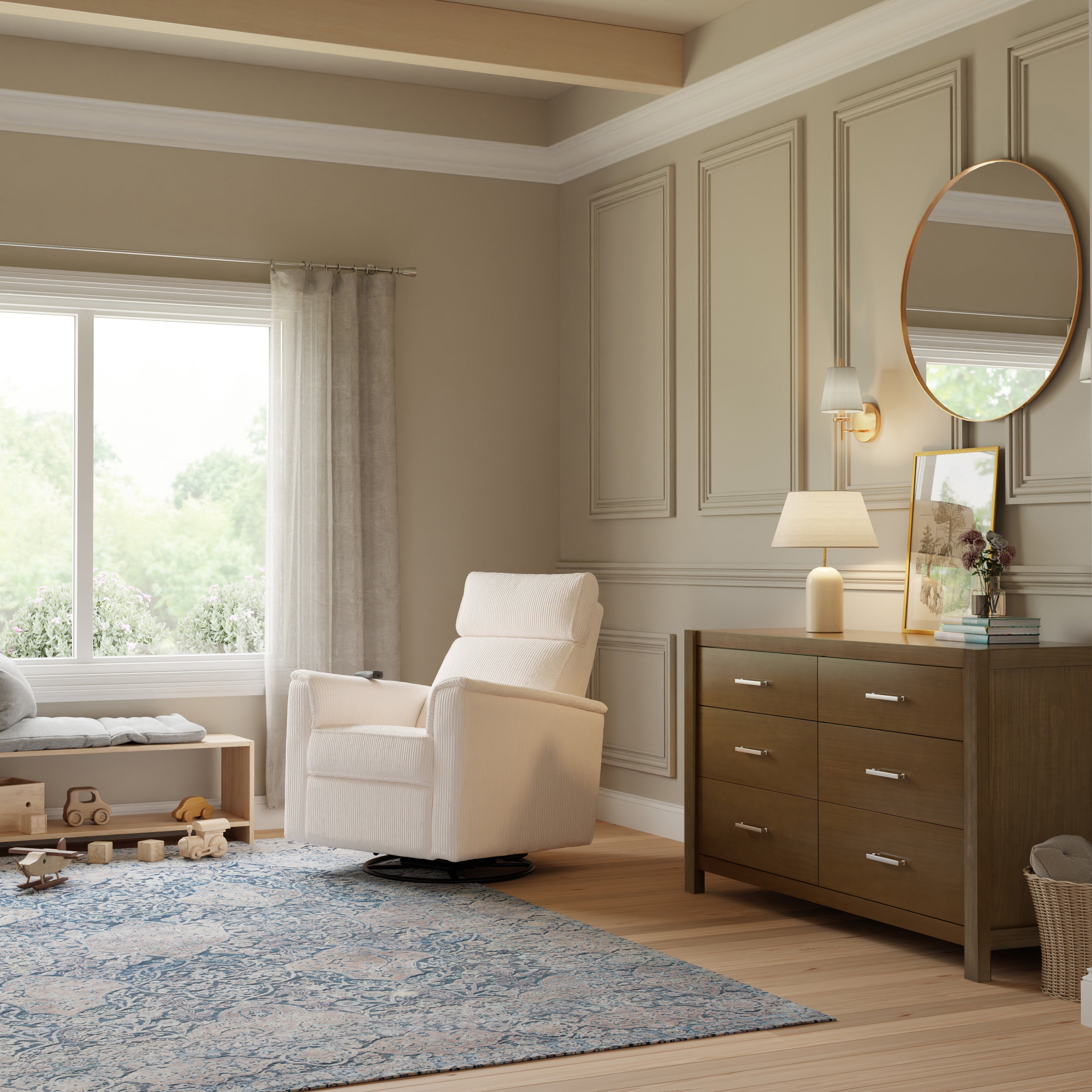 Monogram by Namesake Willa Deluxe Power Recliner and Swivel Glider with Heat + Massage | Ivory Corduroy | EXCLUSIVE!