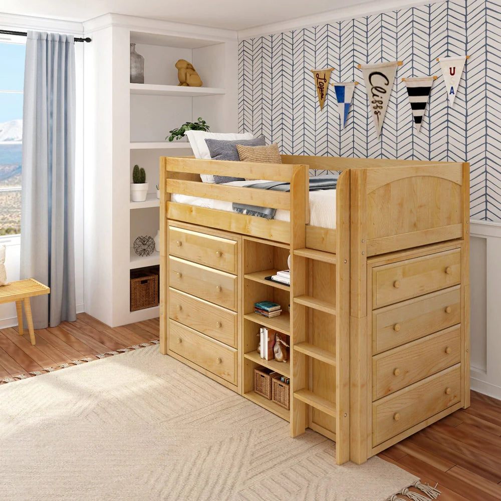 Maxtrix Twin Twin Mid Straight Ladder Loft with Two 4 Drawer Dressers & Bookcase