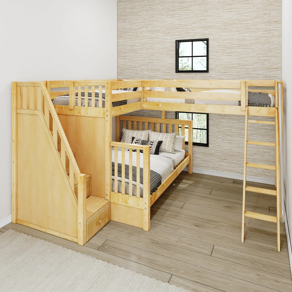 Maxtrix Twin XL over Queen + Twin XL Corner Triple Loft Bunk Bed with Stairs