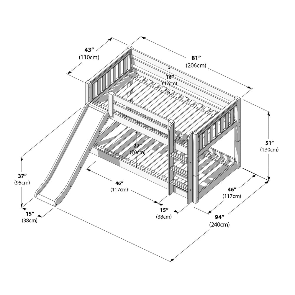Maxtrix Floor Bunk Bed with Slide Straight ladder on Front