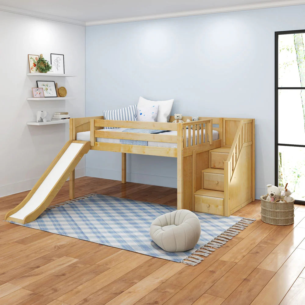 Maxtrix Full Low Loft Bed with Slide and Stairs