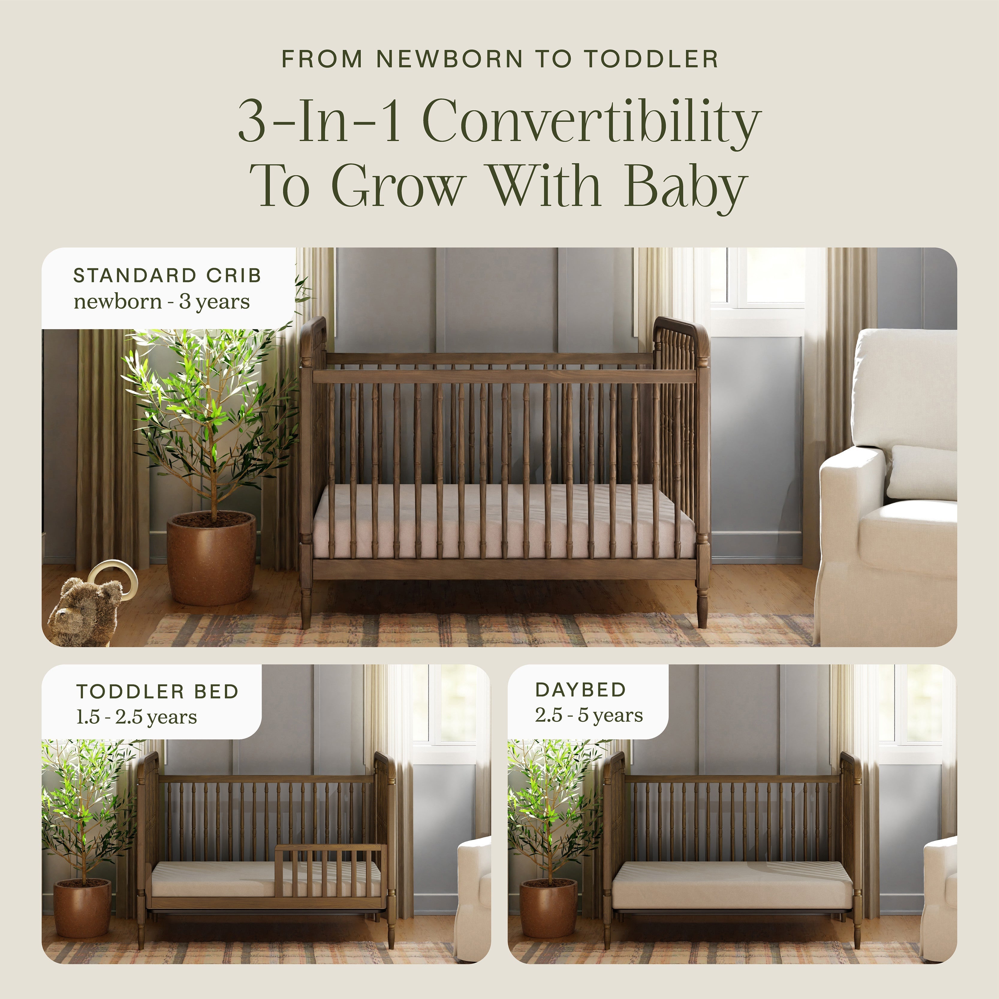 Namesake Liberty 3-in-1 Convertible Spindle Crib with Toddler Bed Conversion Kit | Lullabye Shop