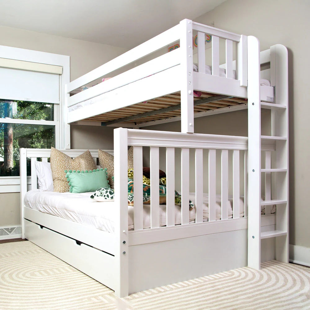 Maxtrix Twin XL over Queen High Bunk Bed with Straight Ladder on End and Trundle Bed
