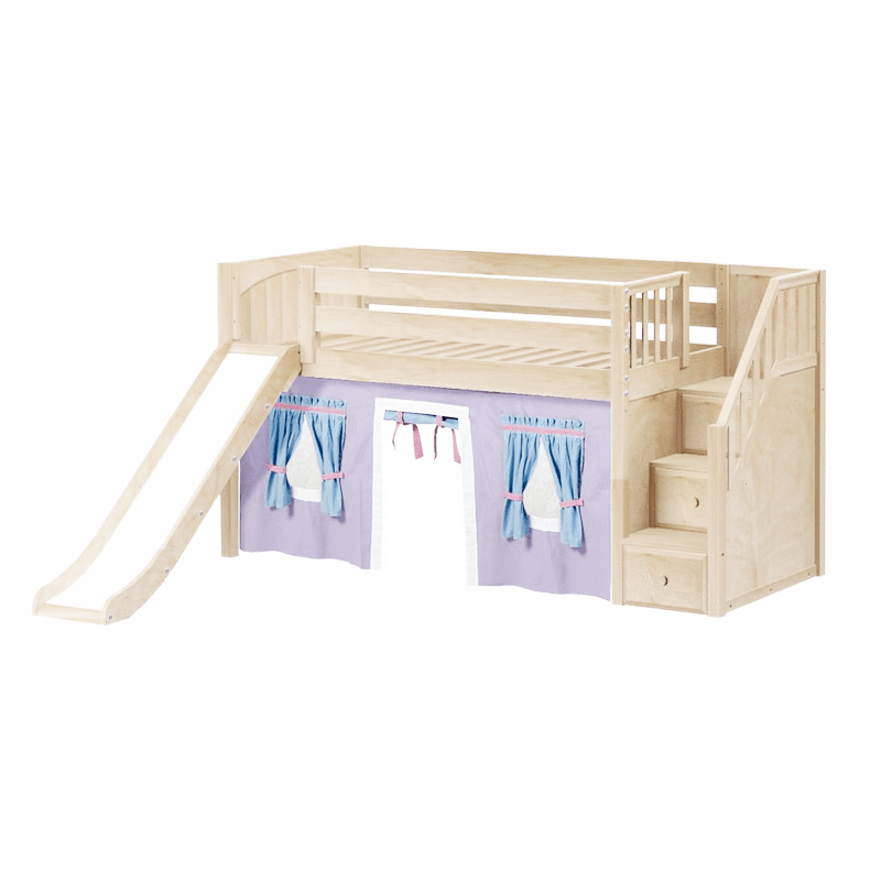 Maxtrix Twin Low Loft Bed with Stairs, Curtain + Slide