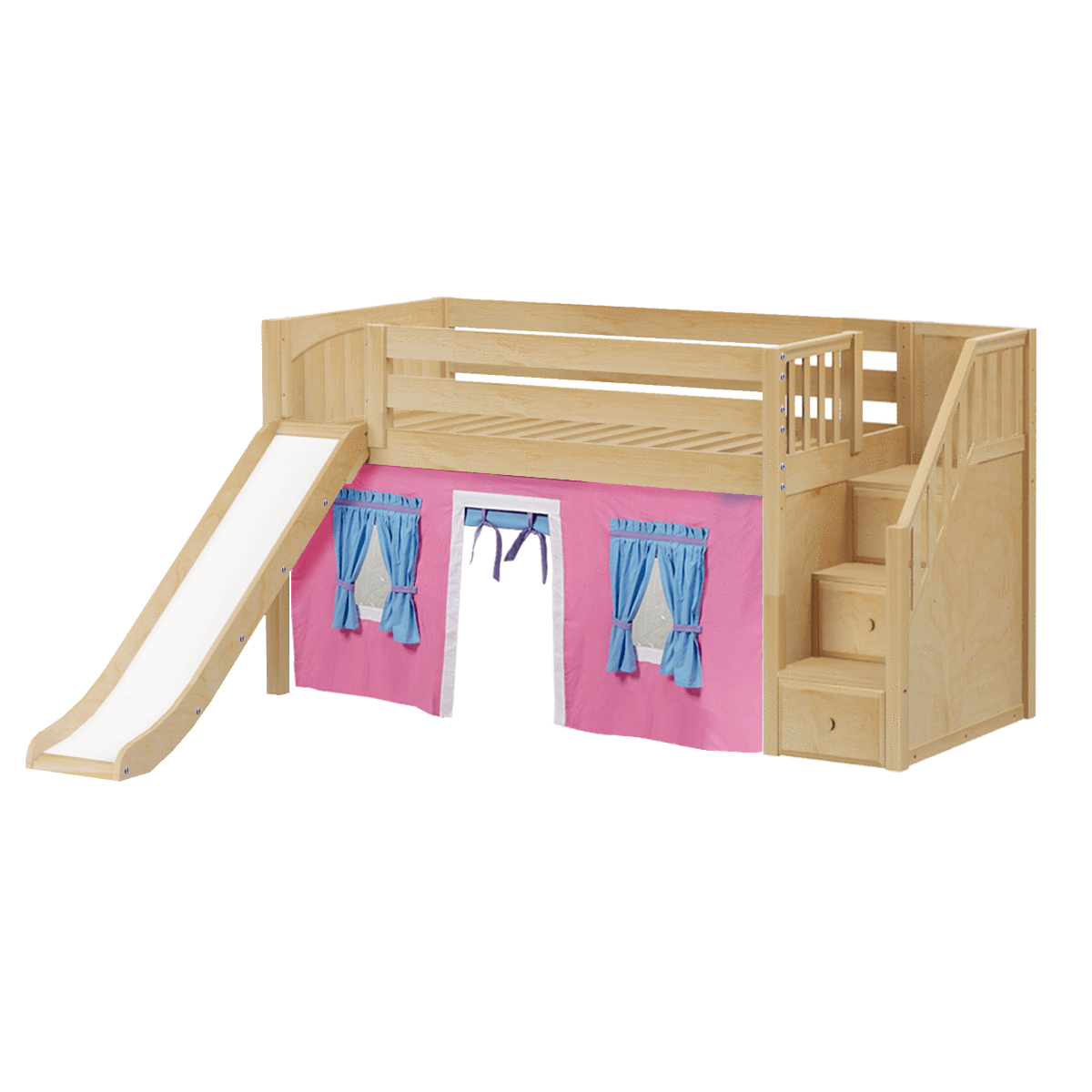 Maxtrix Twin Low Loft Bed with Stairs, Curtain + Slide