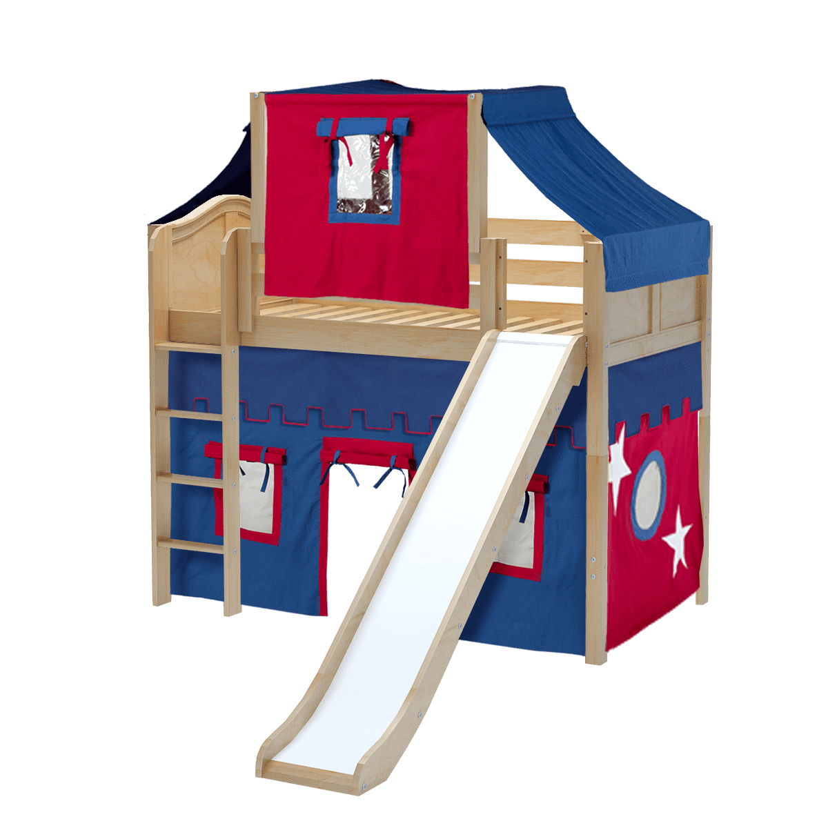 Maxtrix Twin Mid Loft Bed with Straight Ladder, Curtain, Top Tent + Slide