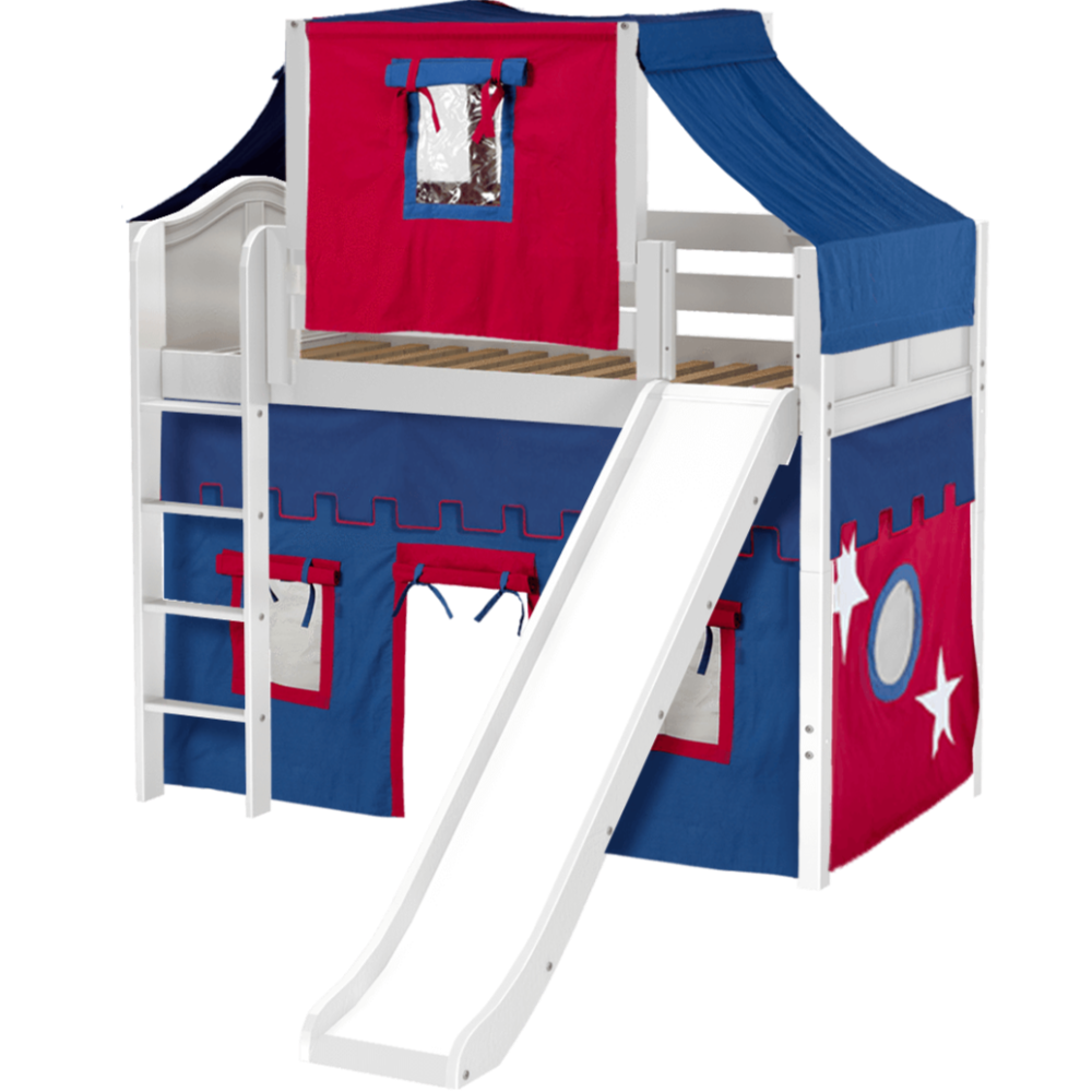 Maxtrix Twin Mid Loft Bed with Straight Ladder, Curtain, Top Tent + Slide