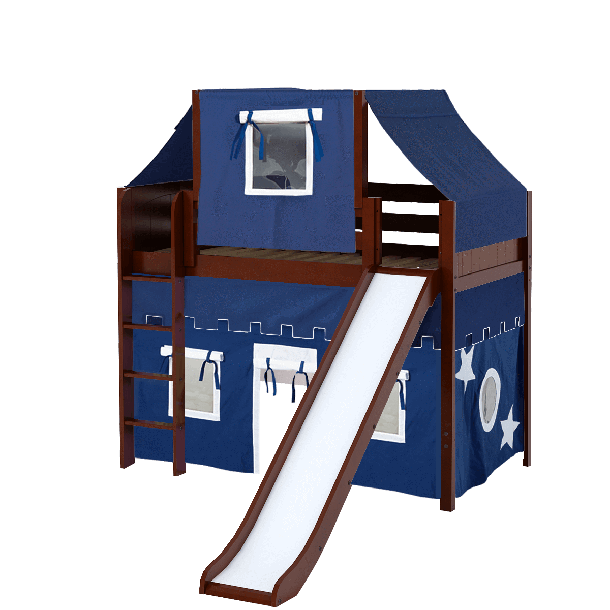 Maxtrix Twin Mid Loft Bed with Straight Ladder, Curtain, Top Tent + Slide