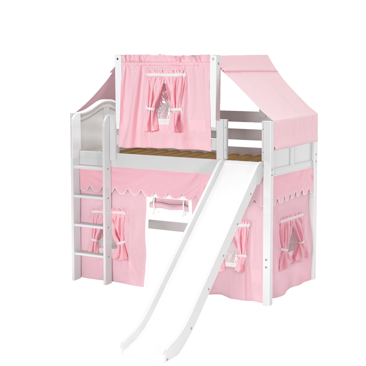 Maxtrix Twin Mid Loft Bed with Straight Ladder, Curtain, Top Tent + Slide