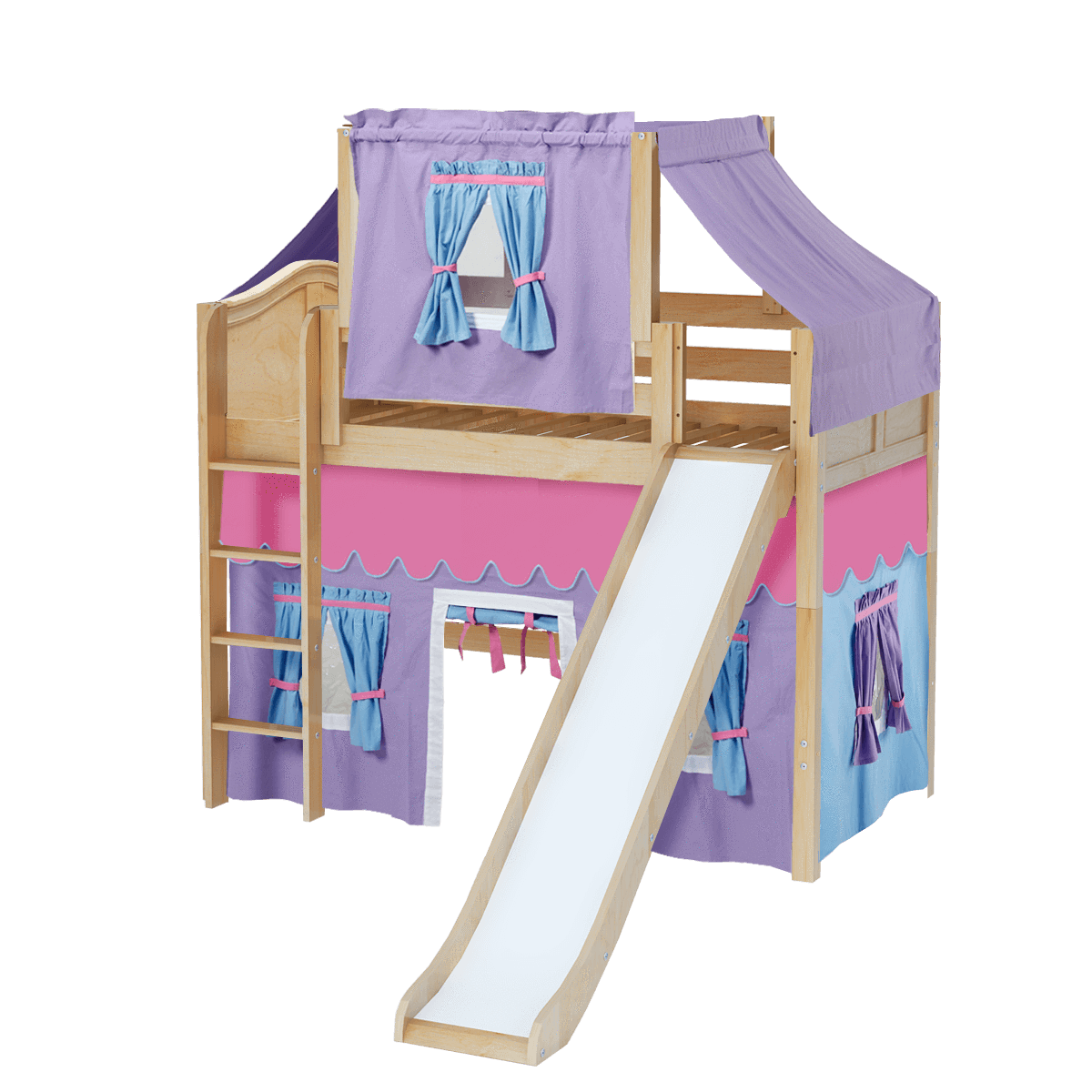 Maxtrix Twin Mid Loft Bed with Straight Ladder, Curtain, Top Tent + Slide