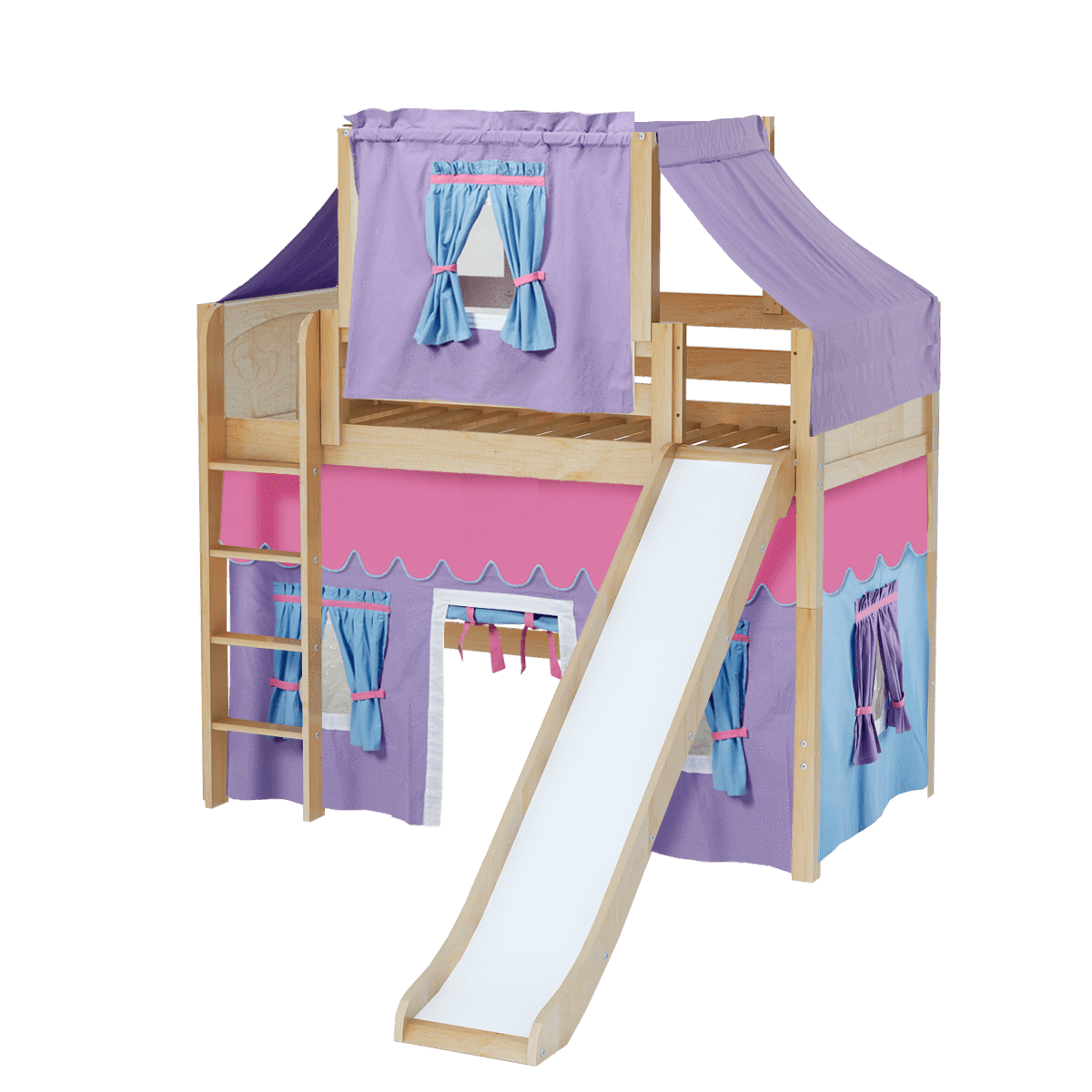 Maxtrix Twin Mid Loft Bed with Straight Ladder, Curtain, Top Tent + Slide