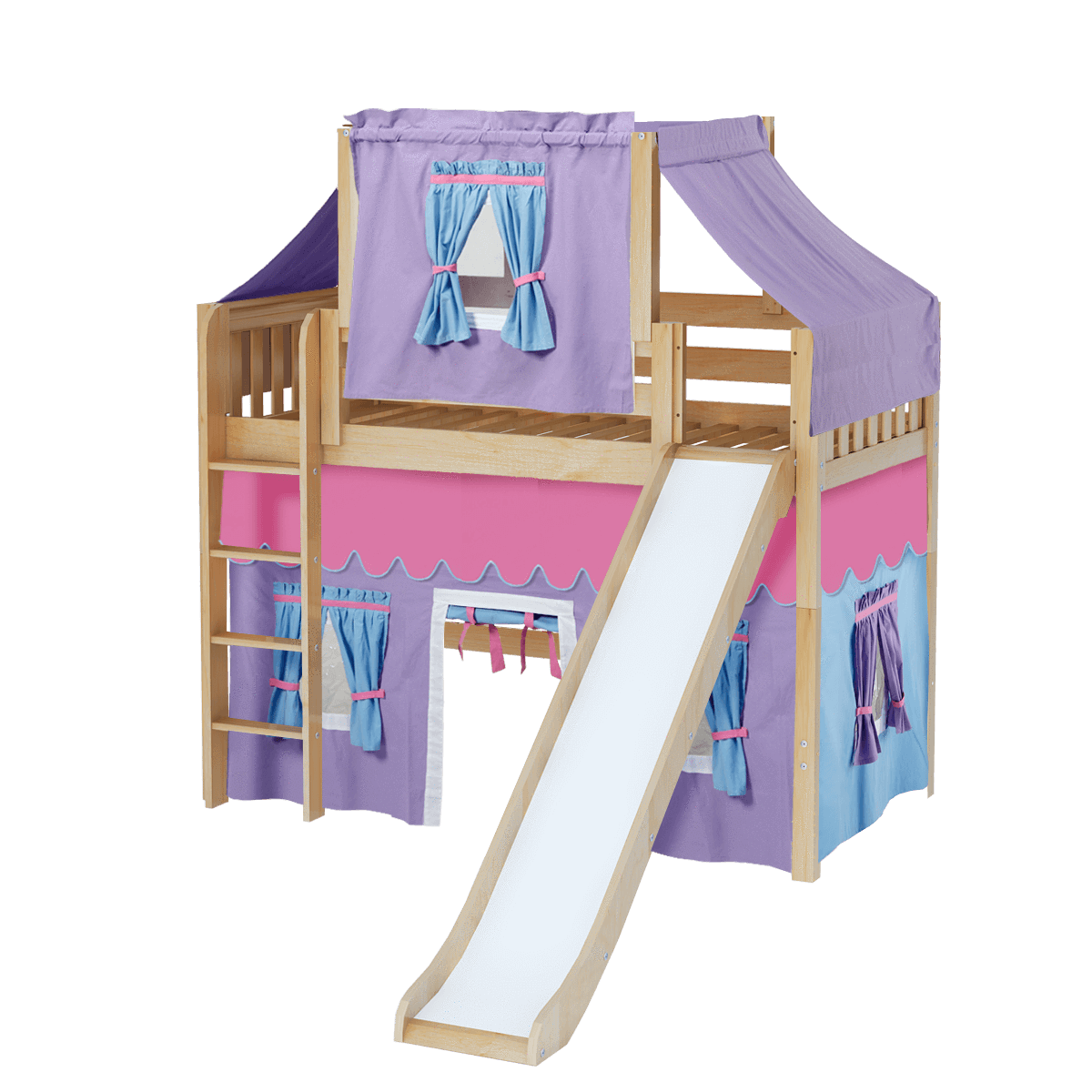 Maxtrix Twin Mid Loft Bed with Straight Ladder, Curtain, Top Tent + Slide