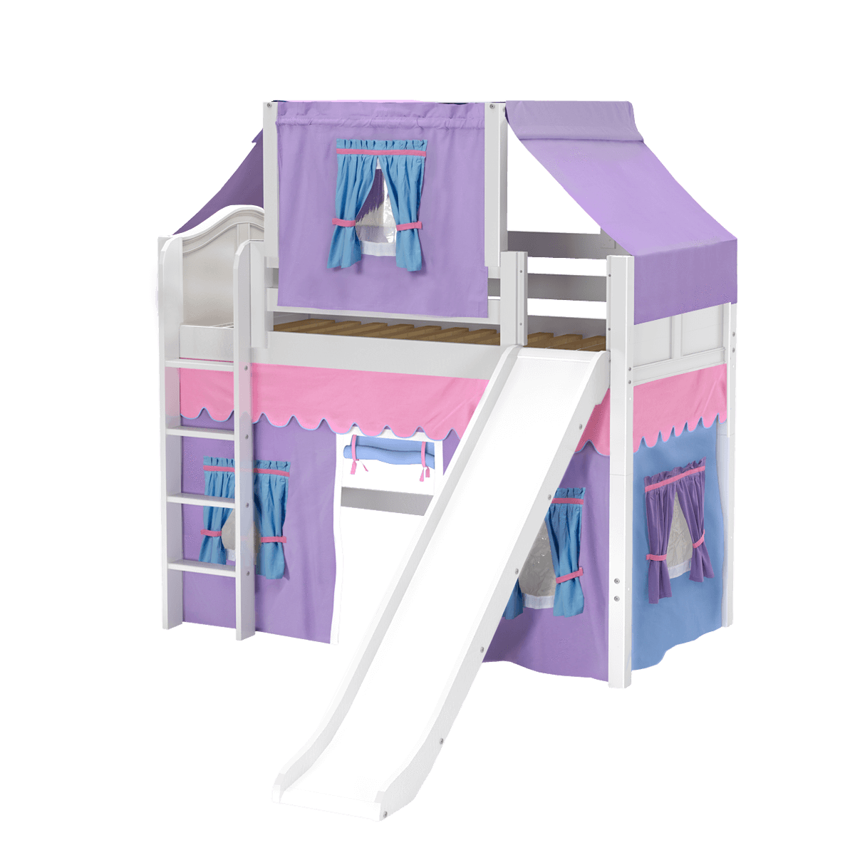 Maxtrix Twin Mid Loft Bed with Straight Ladder, Curtain, Top Tent + Slide