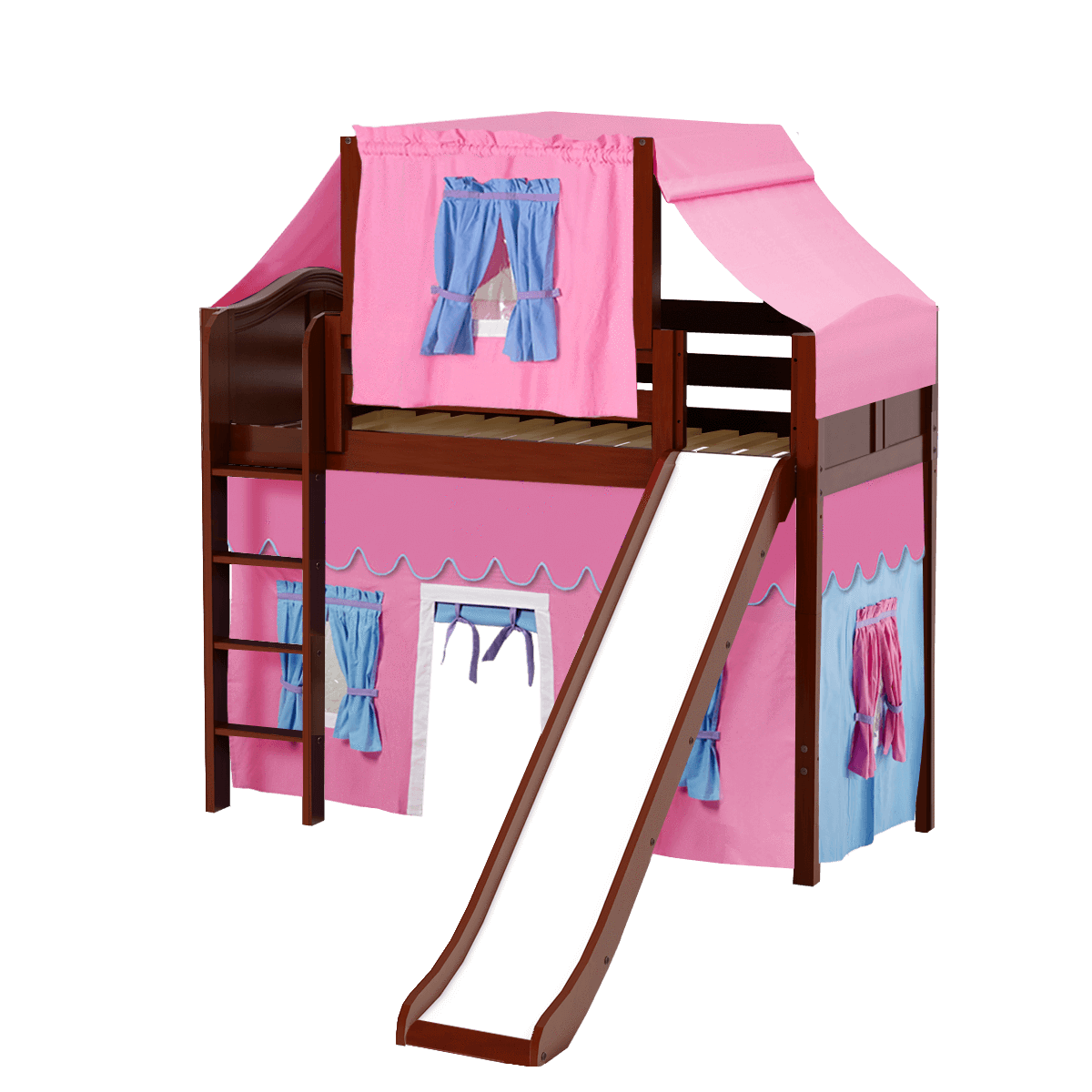 Maxtrix Twin Mid Loft Bed with Straight Ladder, Curtain, Top Tent + Slide