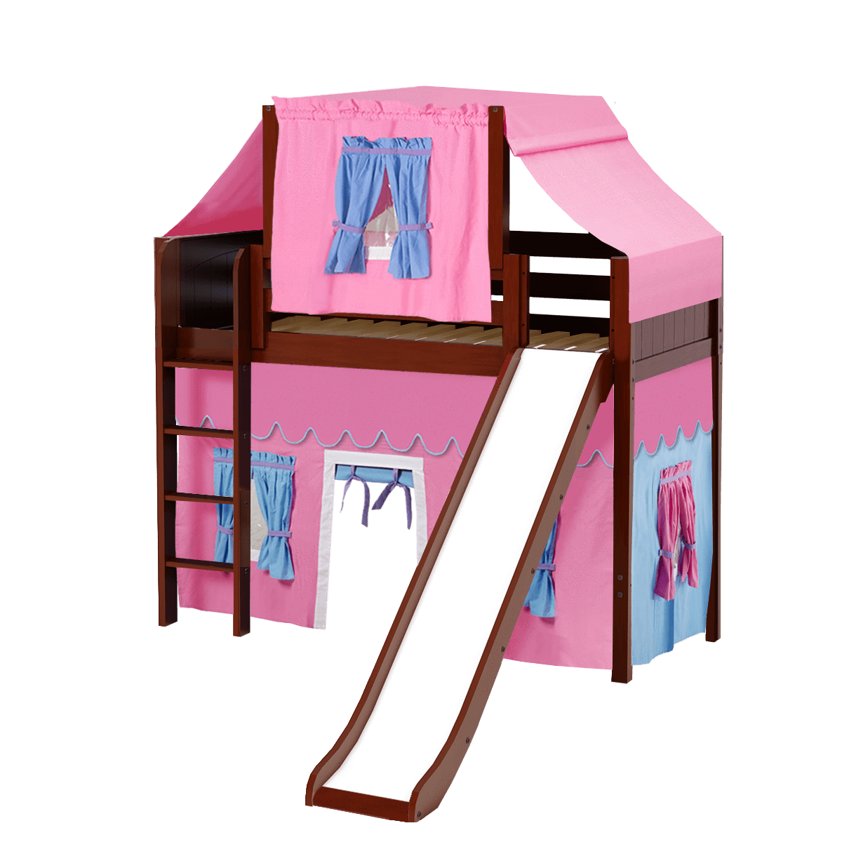 Maxtrix Twin Mid Loft Bed with Straight Ladder, Curtain, Top Tent + Slide