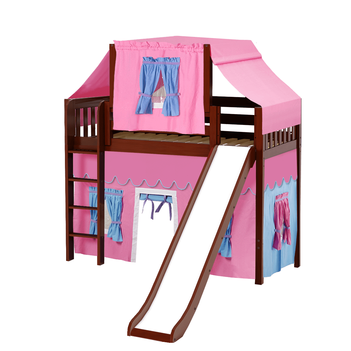 Maxtrix Twin Mid Loft Bed with Straight Ladder, Curtain, Top Tent + Slide