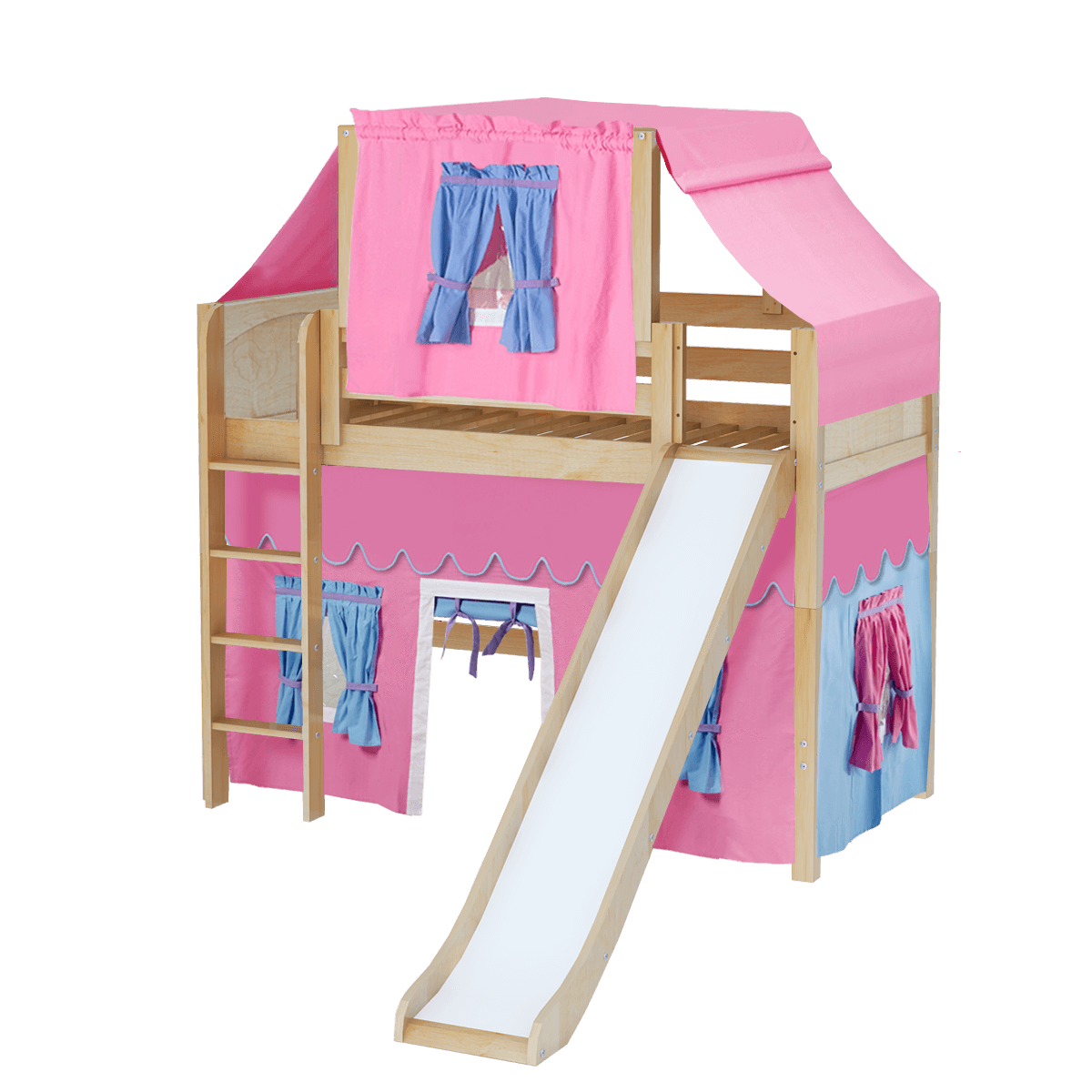 Maxtrix Twin Mid Loft Bed with Straight Ladder, Curtain, Top Tent + Slide