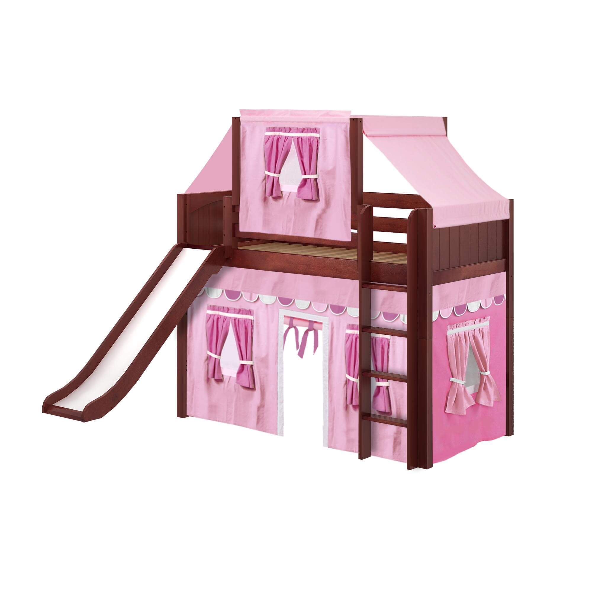 Maxtrix Twin Mid Loft Bed with Straight Ladder, Curtain, Top Tent + Slide