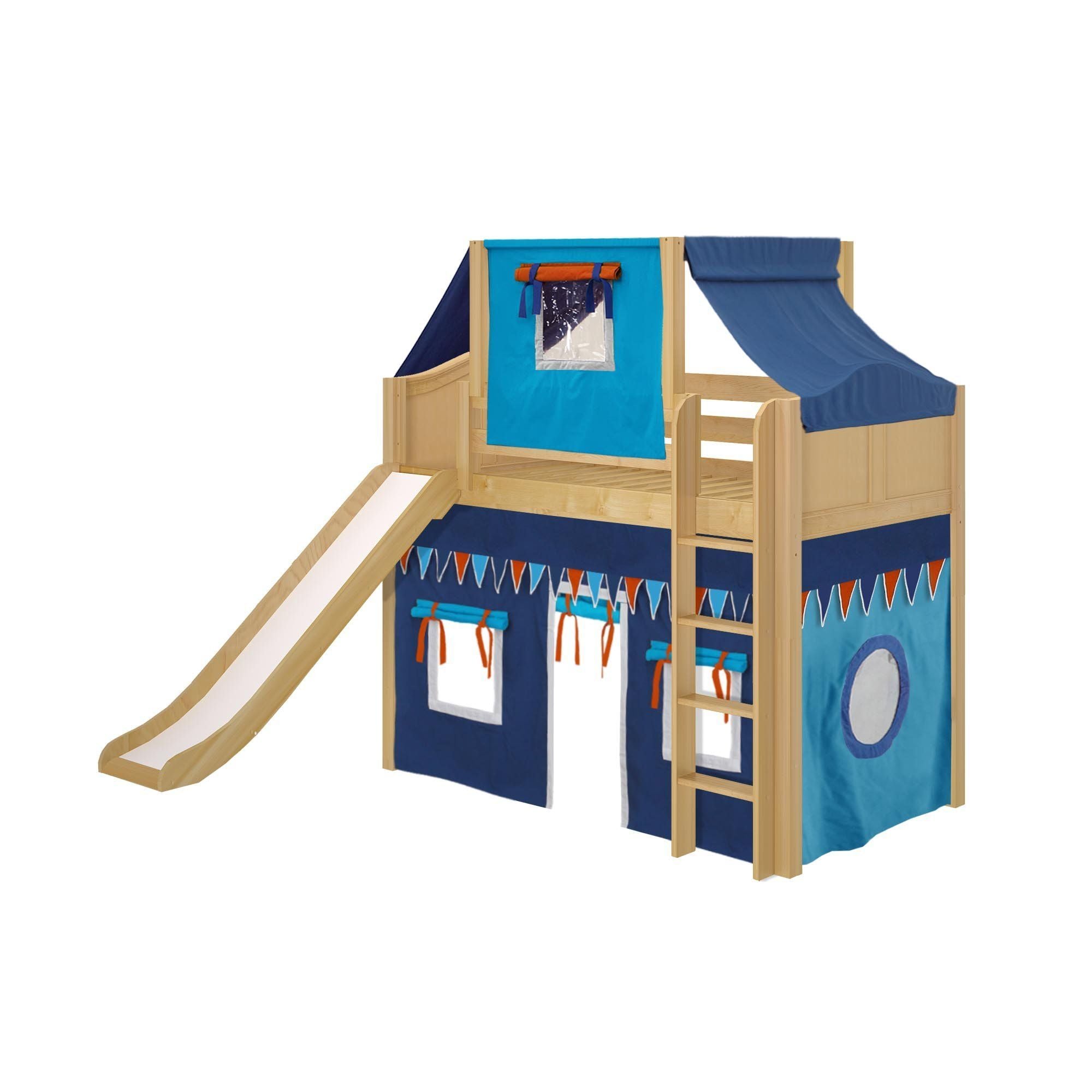 Maxtrix Twin Mid Loft Bed with Straight Ladder, Curtain, Top Tent + Slide