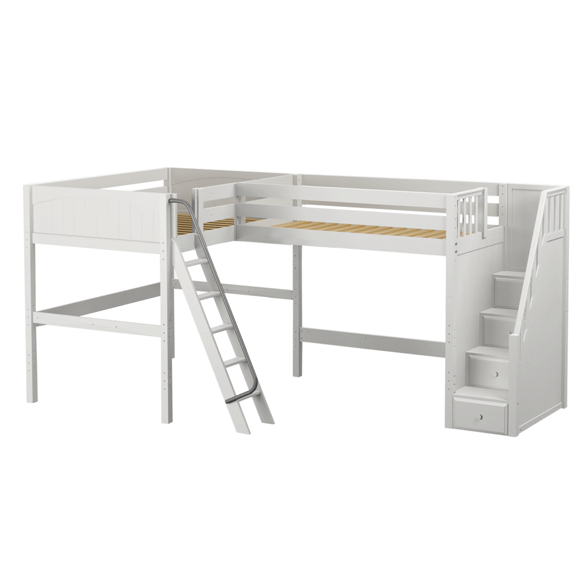 Maxtrix Twin Full High Corner Loft Bed with Ladder + Stairs - R