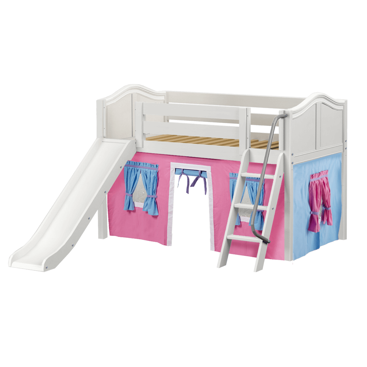 Maxtrix Twin Low Loft Bed with Angled Ladder, Curtain + Slide