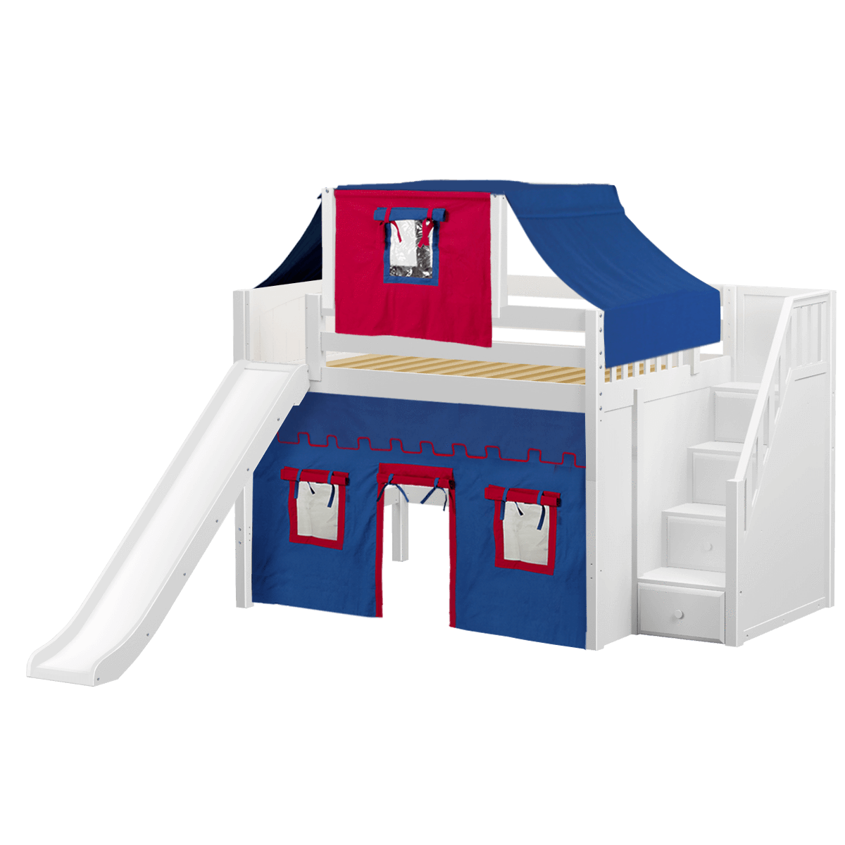 Maxtrix Full Mid Loft Bed with Stairs, Curtain, Top Tent + Slide