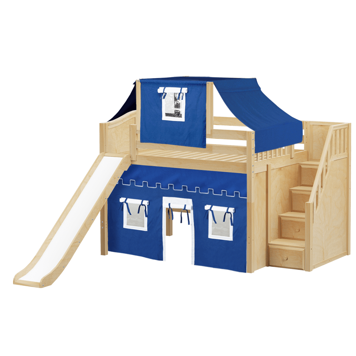 Maxtrix Full Mid Loft Bed with Stairs, Curtain, Top Tent + Slide