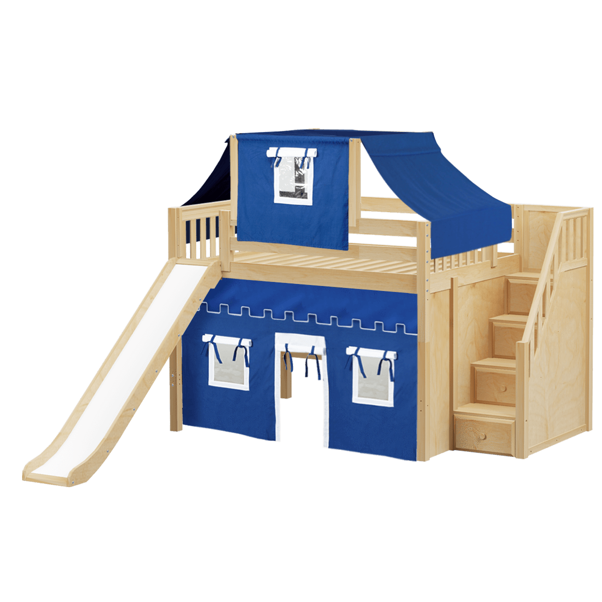 Maxtrix Full Mid Loft Bed with Stairs, Curtain, Top Tent + Slide