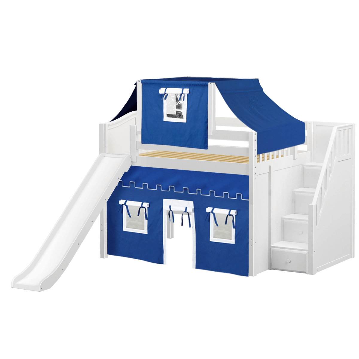 Maxtrix Full Mid Loft Bed with Stairs, Curtain, Top Tent + Slide