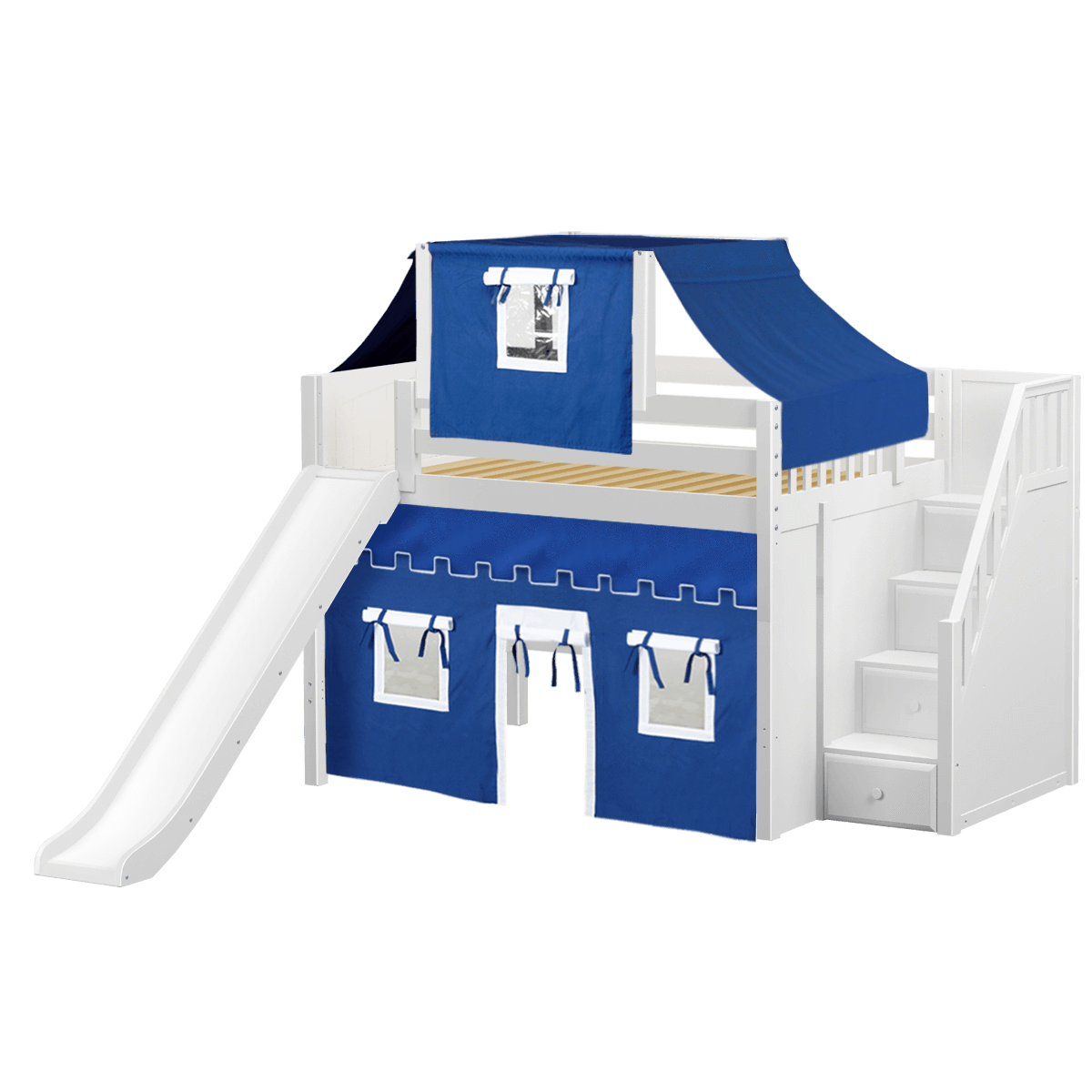 Maxtrix Full Mid Loft Bed with Stairs, Curtain, Top Tent + Slide