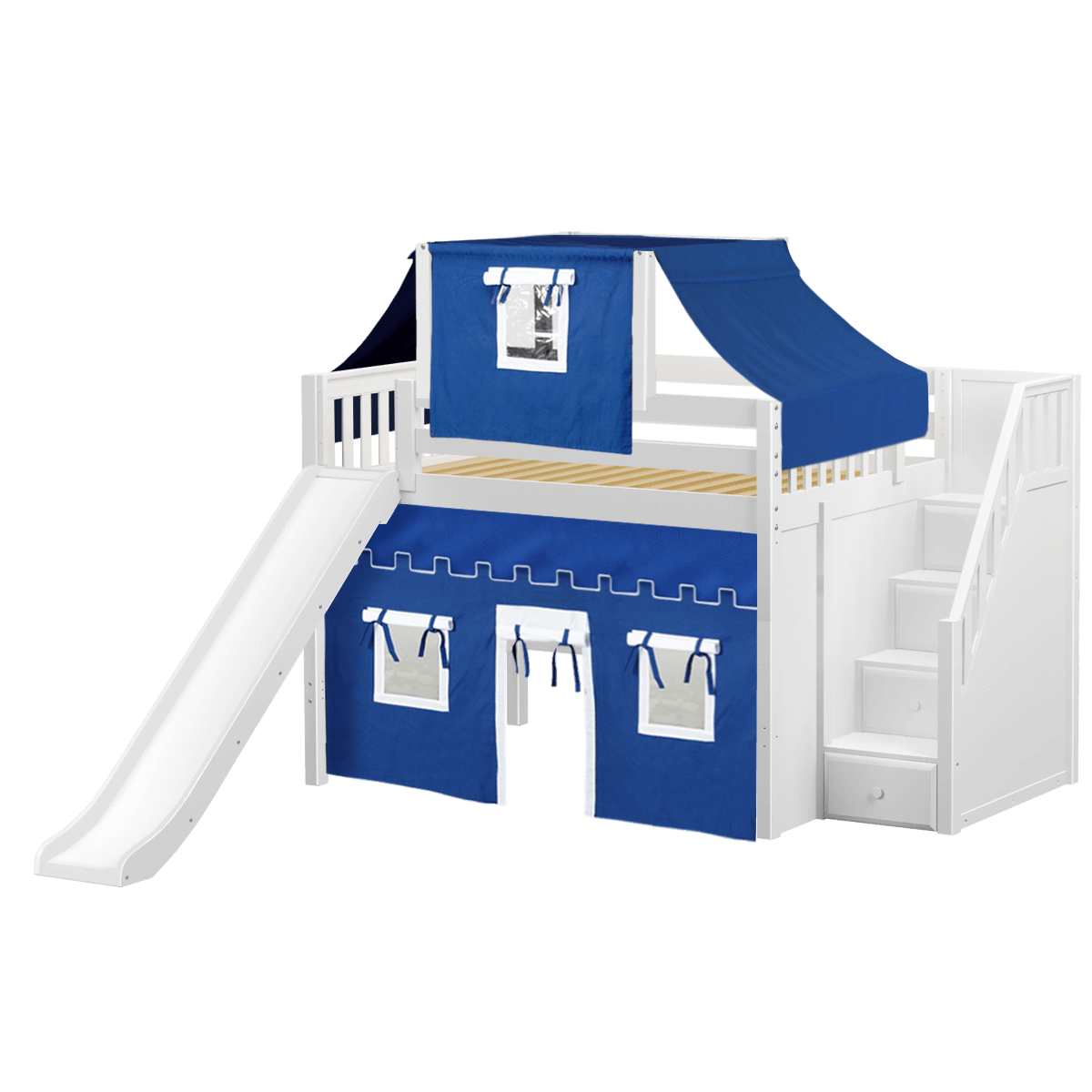 Maxtrix Full Mid Loft Bed with Stairs, Curtain, Top Tent + Slide