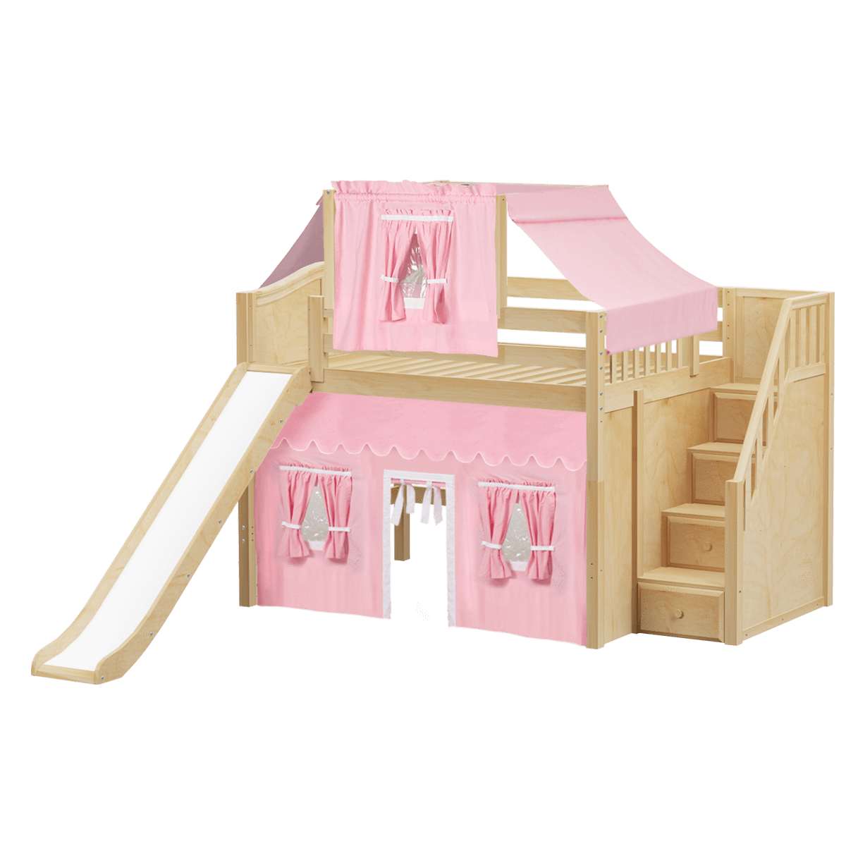 Maxtrix Full Mid Loft Bed with Stairs, Curtain, Top Tent + Slide