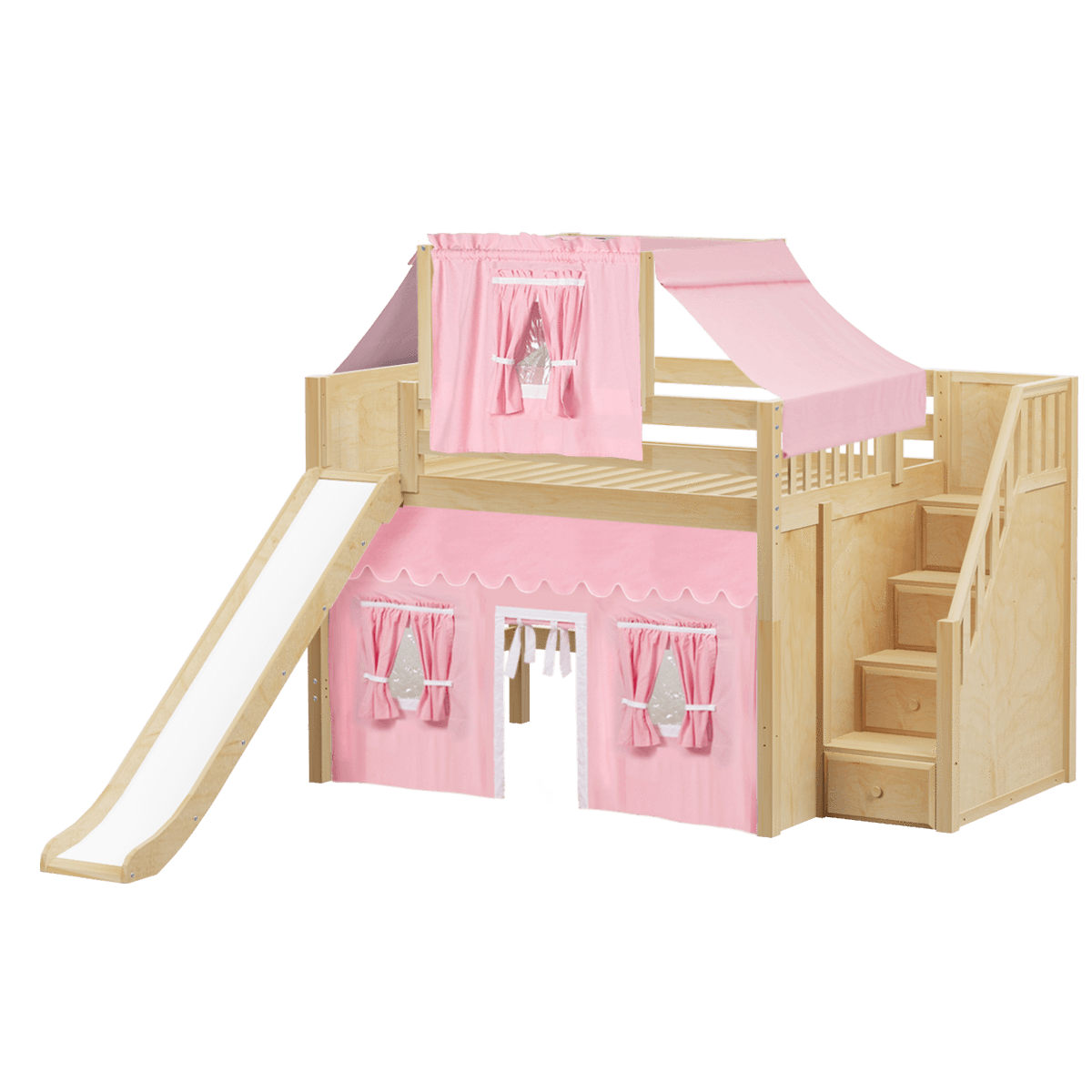 Maxtrix Full Mid Loft Bed with Stairs, Curtain, Top Tent + Slide