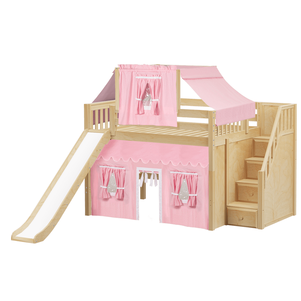 Maxtrix Full Mid Loft Bed with Stairs, Curtain, Top Tent + Slide