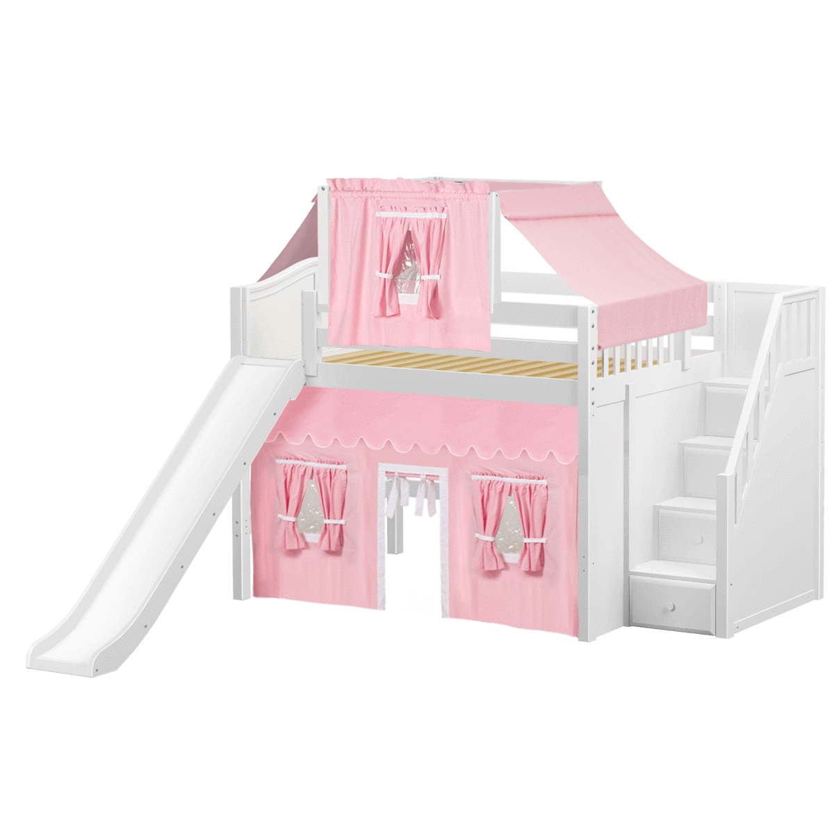 Maxtrix Full Mid Loft Bed with Stairs, Curtain, Top Tent + Slide