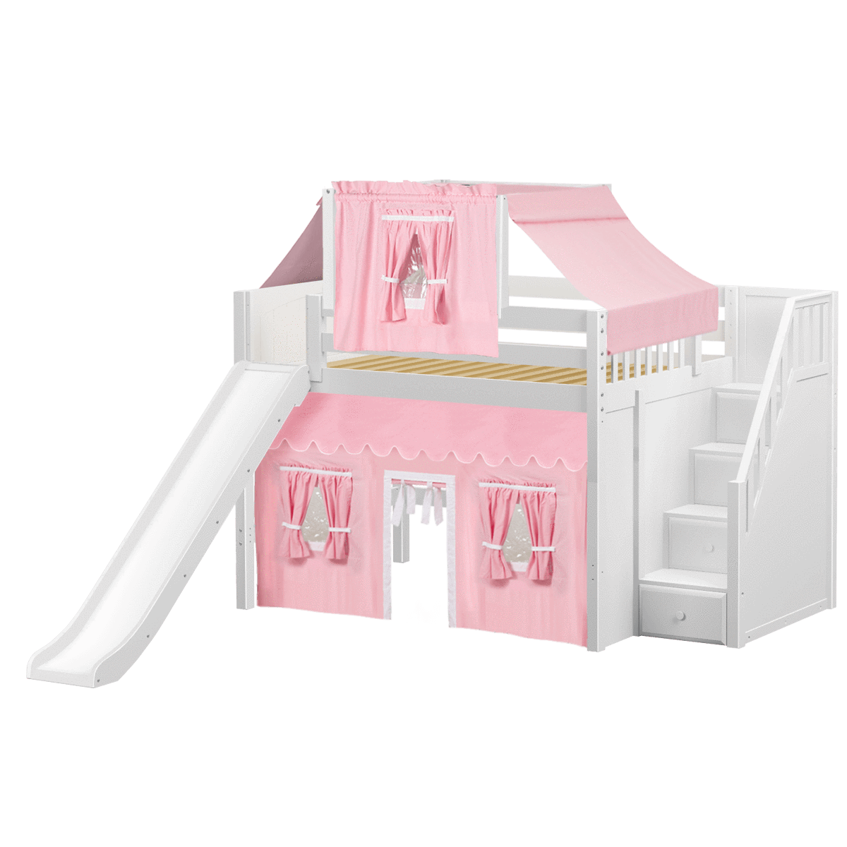 Maxtrix Full Mid Loft Bed with Stairs, Curtain, Top Tent + Slide