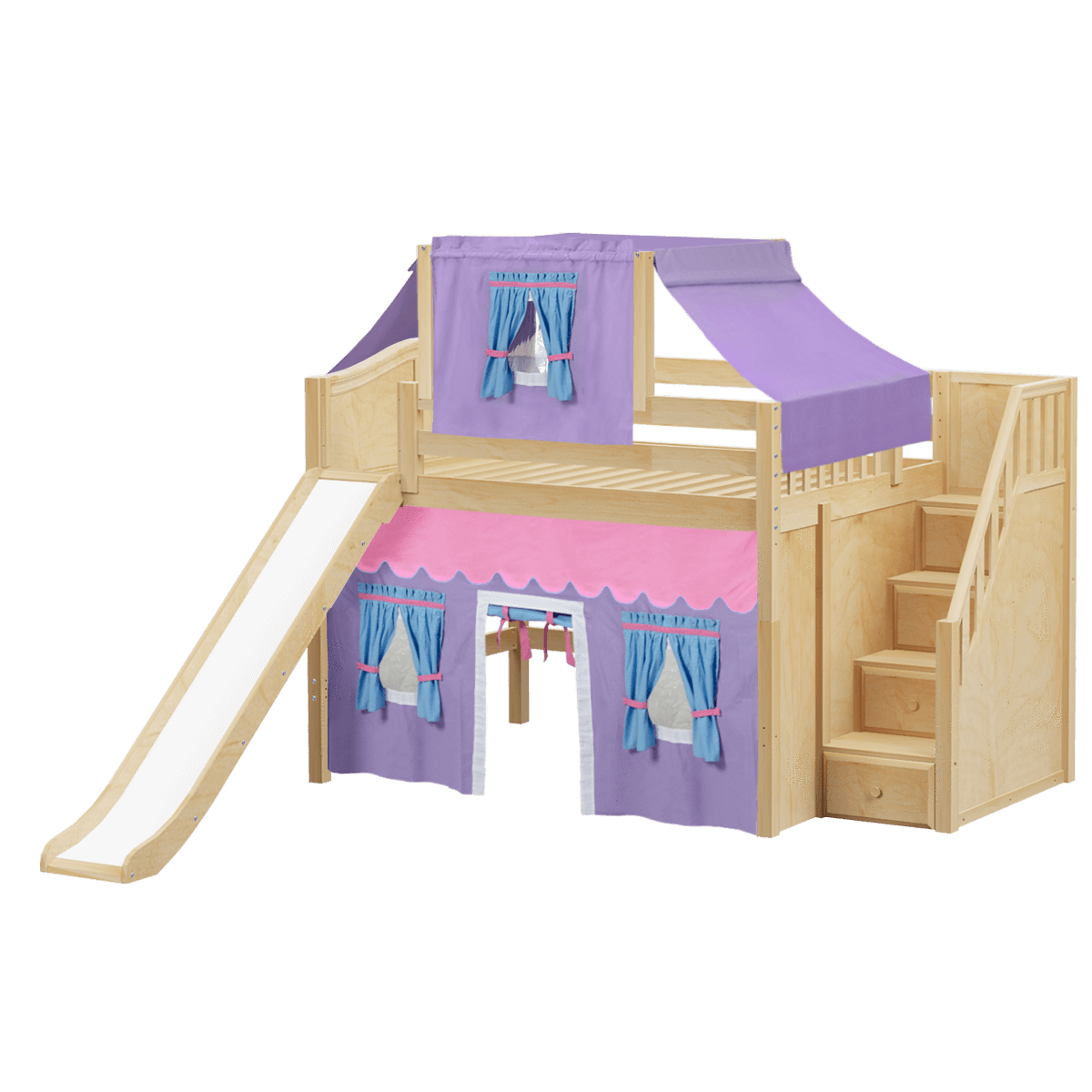 Maxtrix Full Mid Loft Bed with Stairs, Curtain, Top Tent + Slide