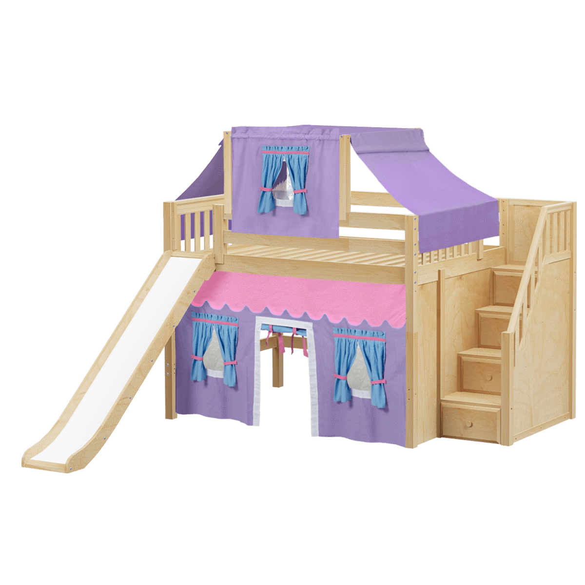 Maxtrix Full Mid Loft Bed with Stairs, Curtain, Top Tent + Slide