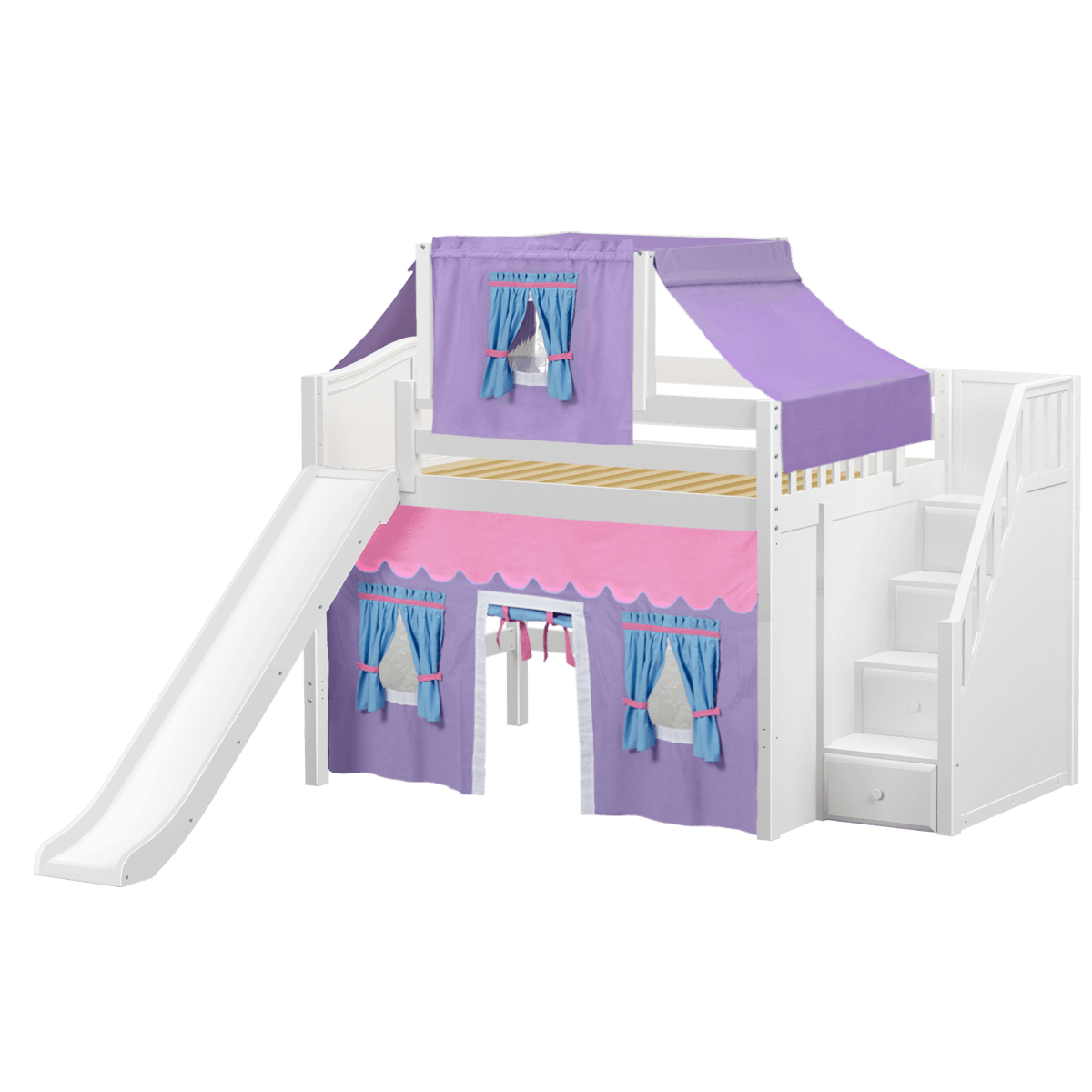 Maxtrix Full Mid Loft Bed with Stairs, Curtain, Top Tent + Slide