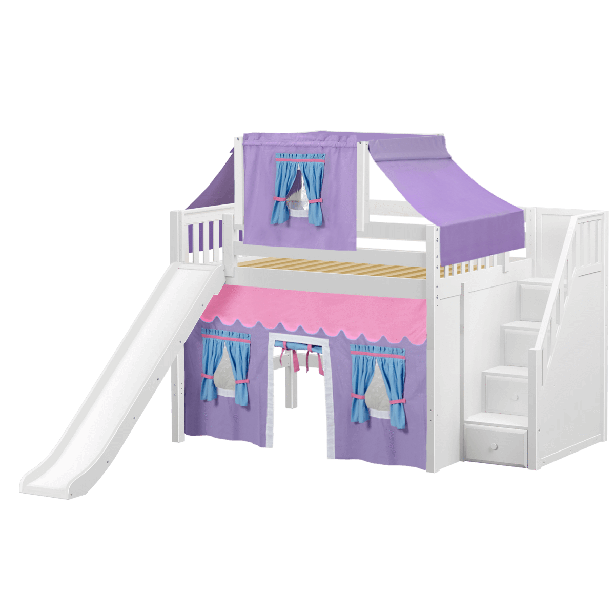 Maxtrix Full Mid Loft Bed with Stairs, Curtain, Top Tent + Slide