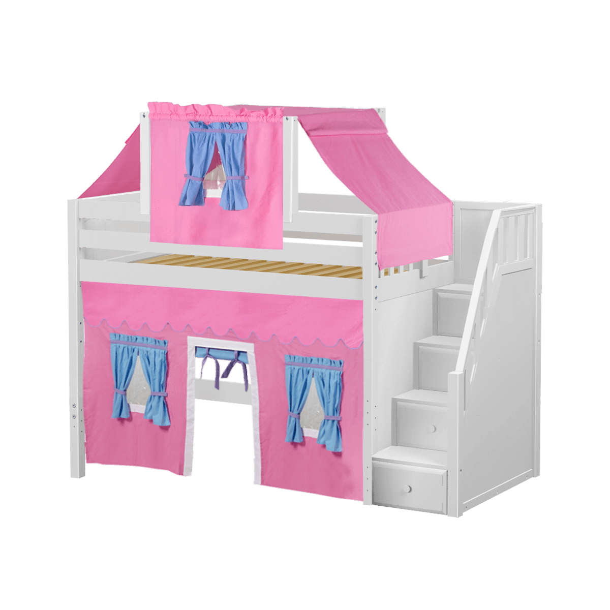 Maxtrix Twin Mid Loft Bed with Stairs, Curtain + Top Tent