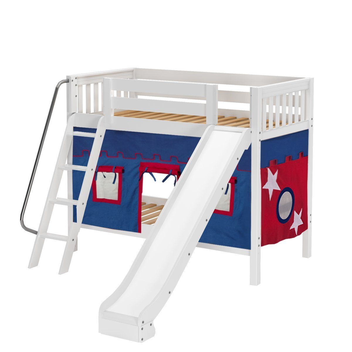 Maxtrix Twin Medium Bunk Bed with Angled Ladder, Curtain + Slide