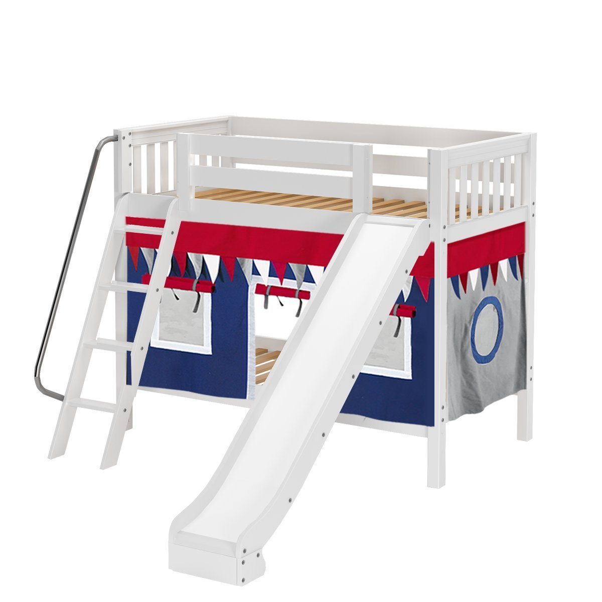 Maxtrix Twin Medium Bunk Bed with Angled Ladder, Curtain + Slide