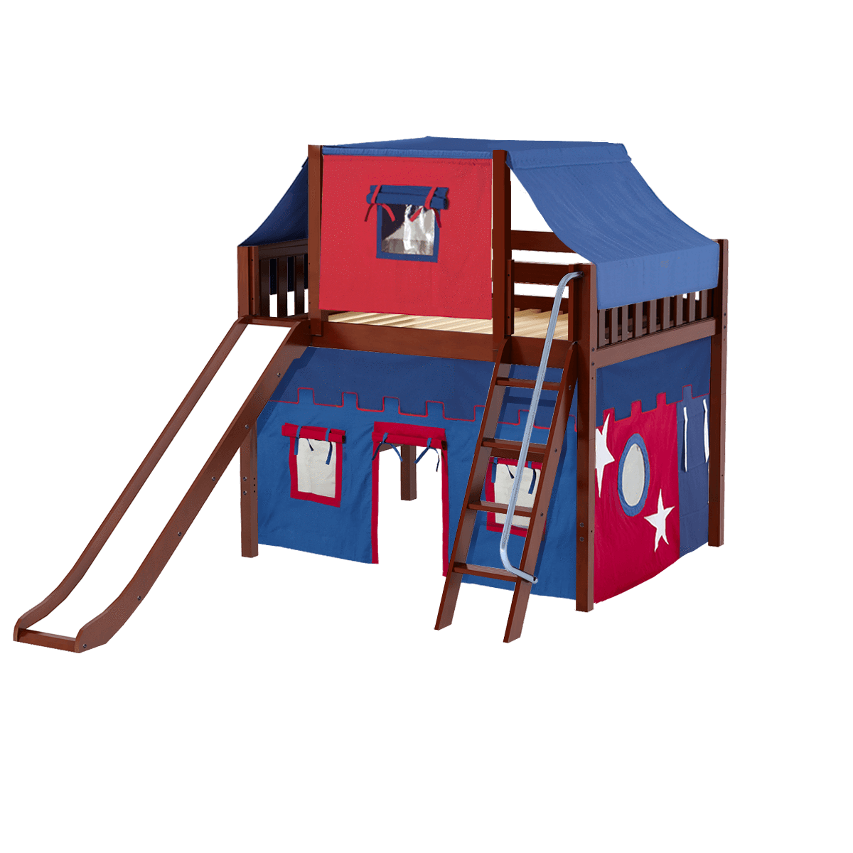 Maxtrix Full Mid Loft Bed with Angled Ladder, Curtain, Top Tent + Slide