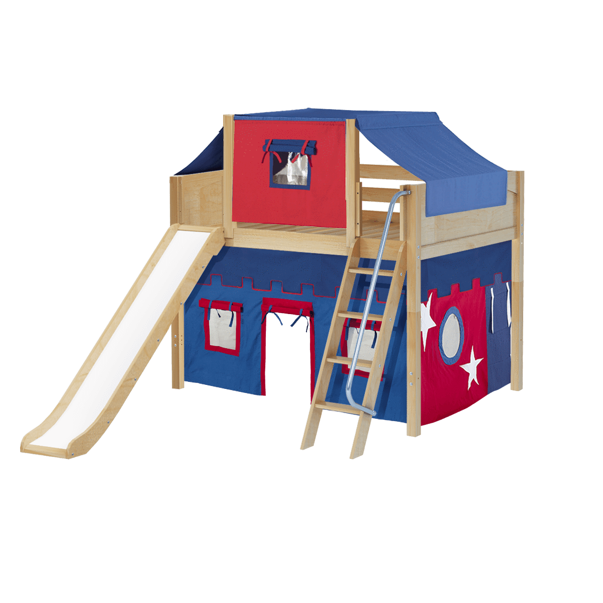 Maxtrix Full Mid Loft Bed with Angled Ladder, Curtain, Top Tent + Slide