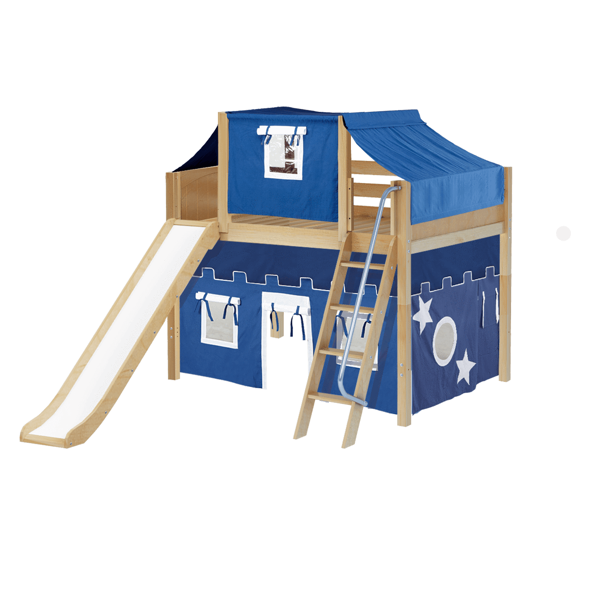 Maxtrix Full Mid Loft Bed with Angled Ladder, Curtain, Top Tent + Slide