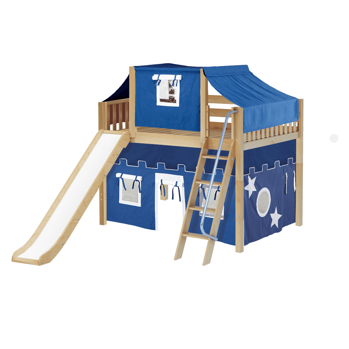 Maxtrix Full Mid Loft Bed with Angled Ladder, Curtain, Top Tent + Slide