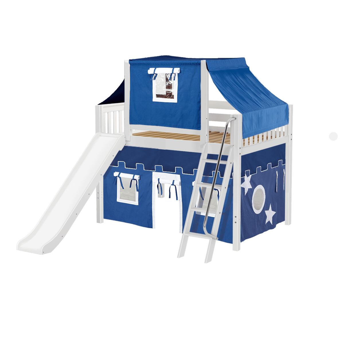 Maxtrix Full Mid Loft Bed with Angled Ladder, Curtain, Top Tent + Slide