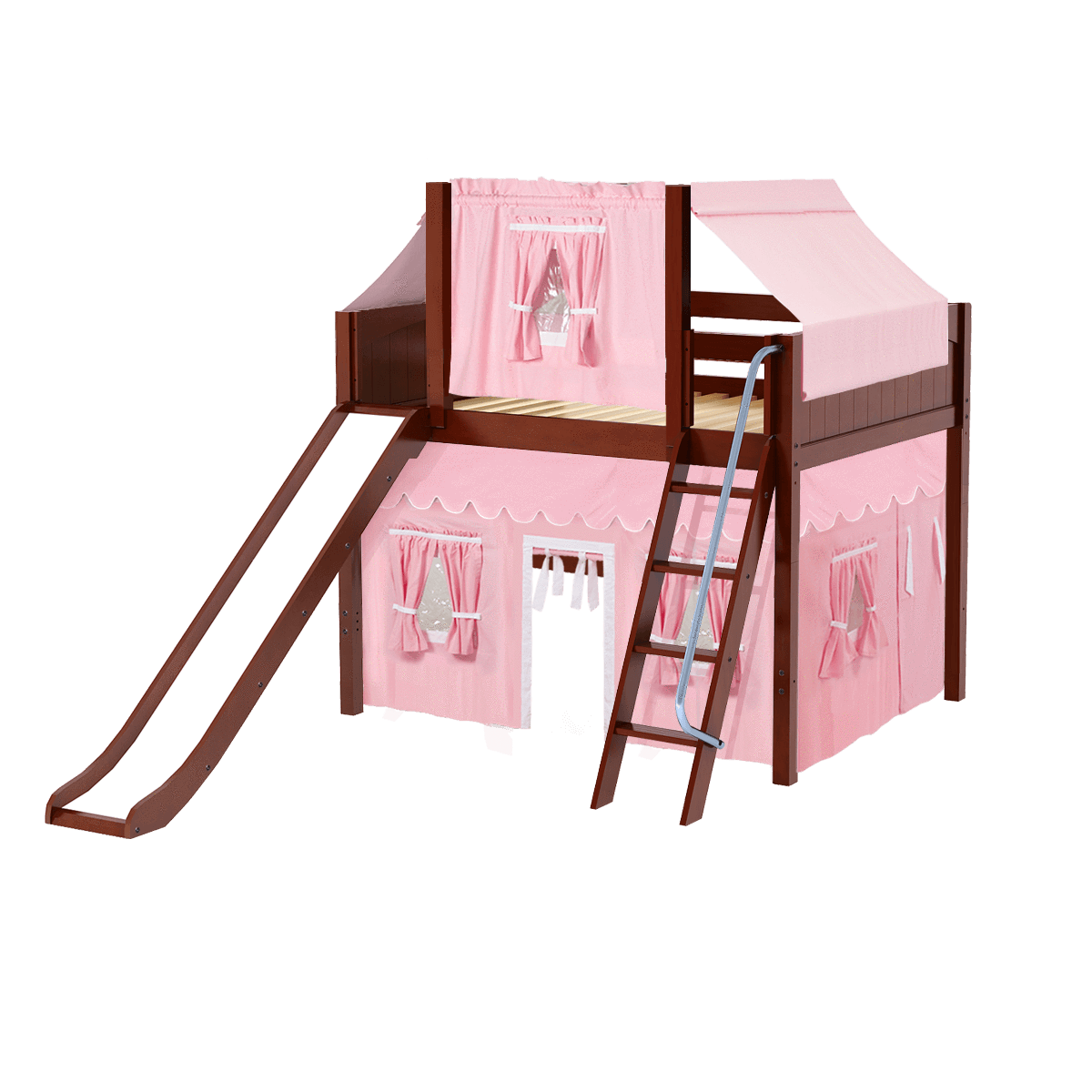 Maxtrix Full Mid Loft Bed with Angled Ladder, Curtain, Top Tent + Slide